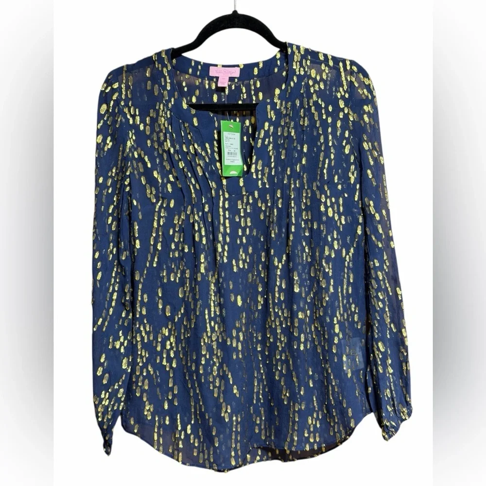 Lilly Pulitzer True Navy Gold Bubble Clip Dot Jacquard Blouse Top XS NWT SILK - Picture 3 of 11